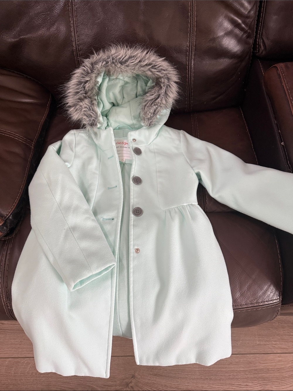 Cat & Jack Mint Green Girls Hooded Coat with Faux Fur Trim